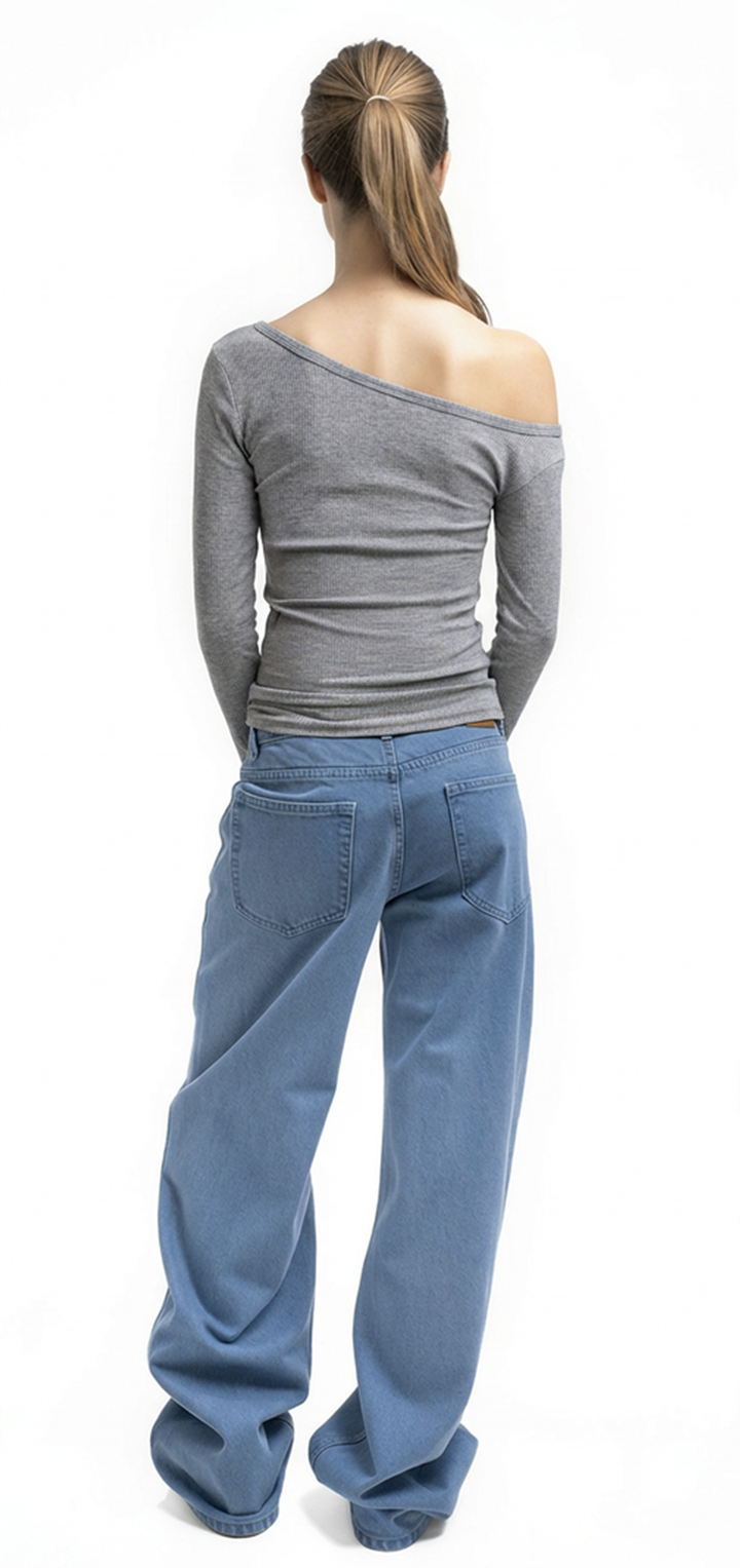 Light ribbed viscose long sleeved off shoulder t shirt - Gray