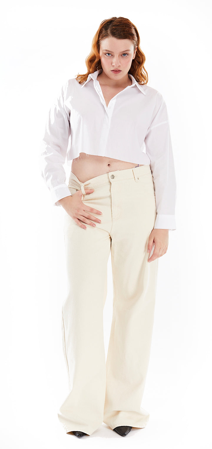 Yoko crop poplin button shirt- White