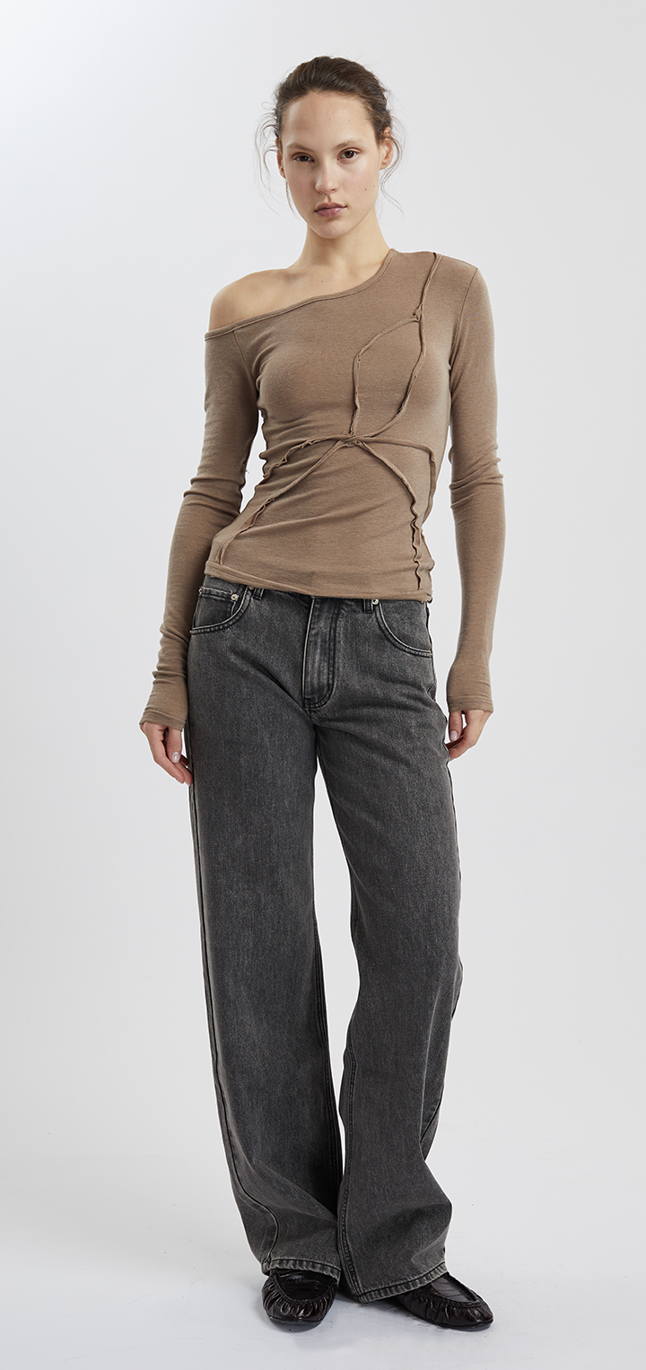 Papper long sleeved off shoulder tshirt - Brown