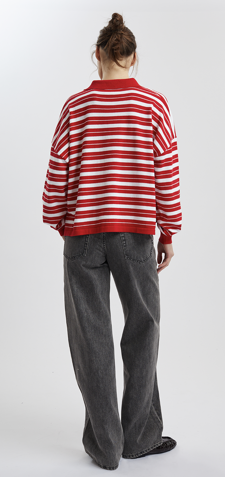 POLO LONG SLEEVED COTTON STRIPED SHIRT - Red