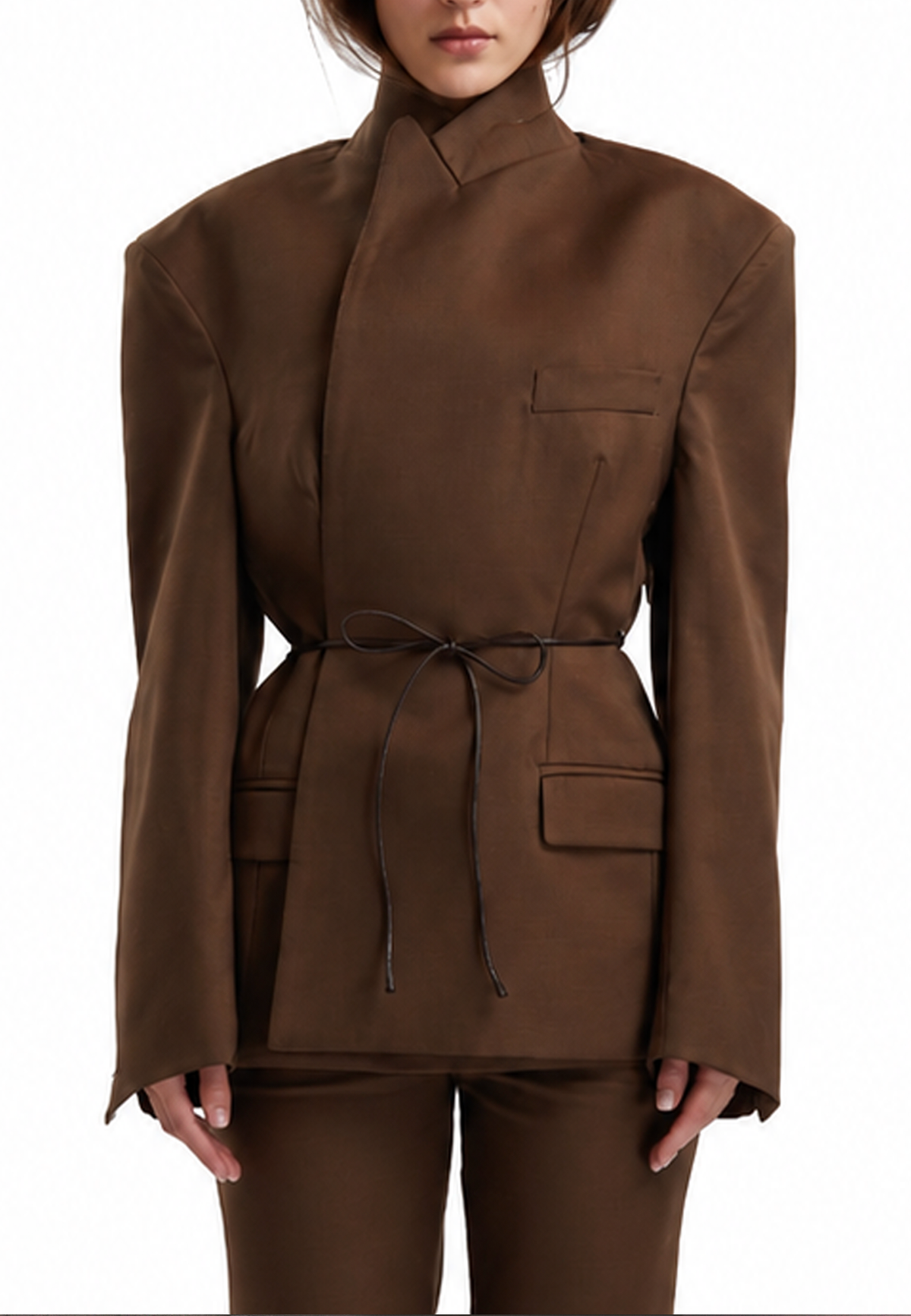 Tight waist blazer with leather belt- Wood