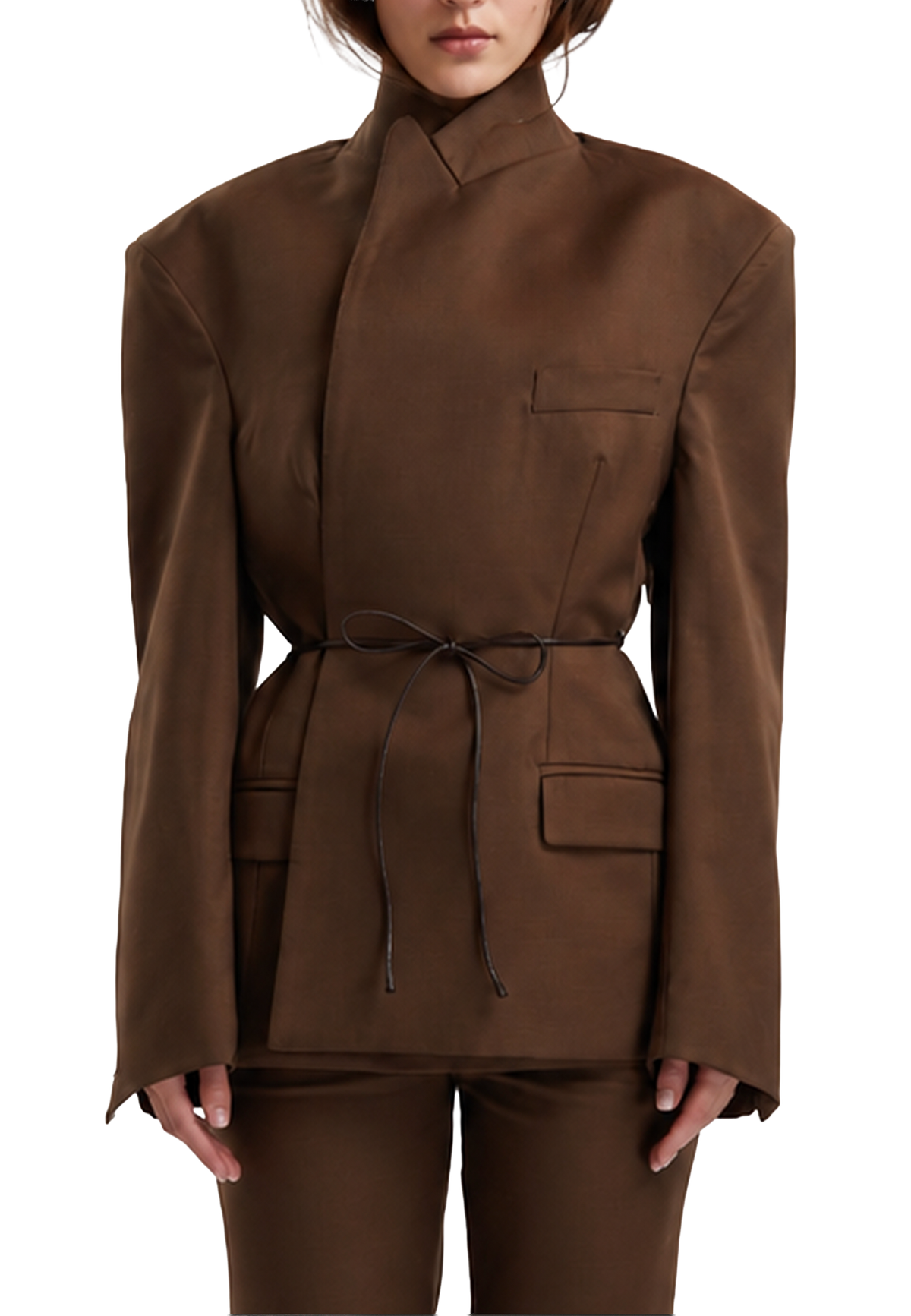 Tight waist blazer with leather belt- Wood