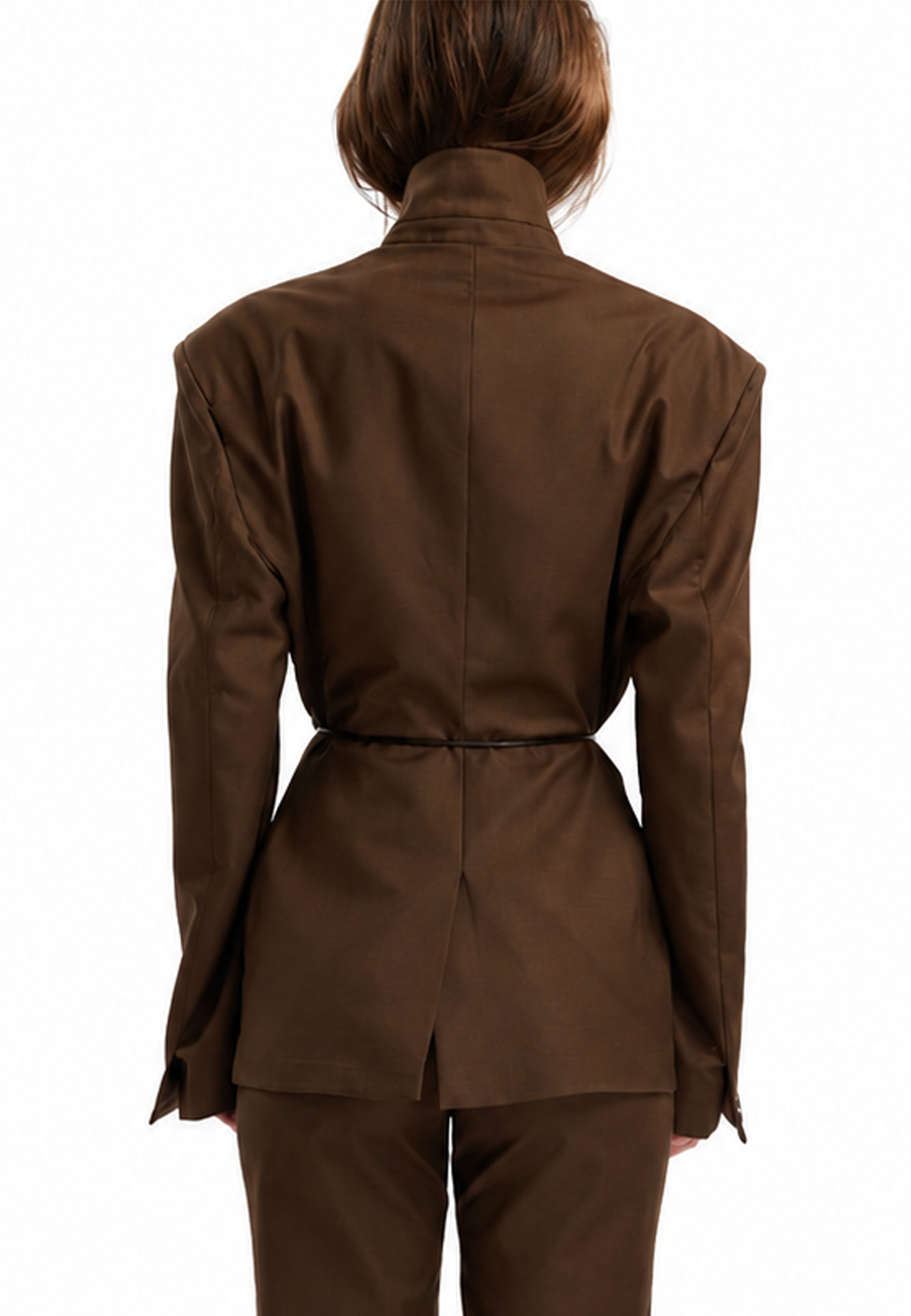 Tight waist blazer with leather belt- Wood