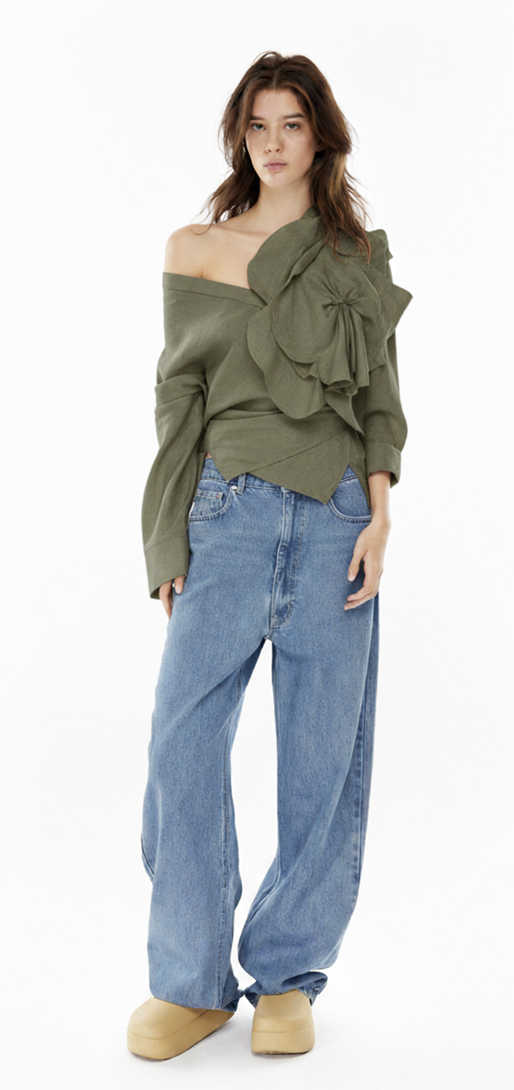 Off shoulder wrap button shirt - Olive green