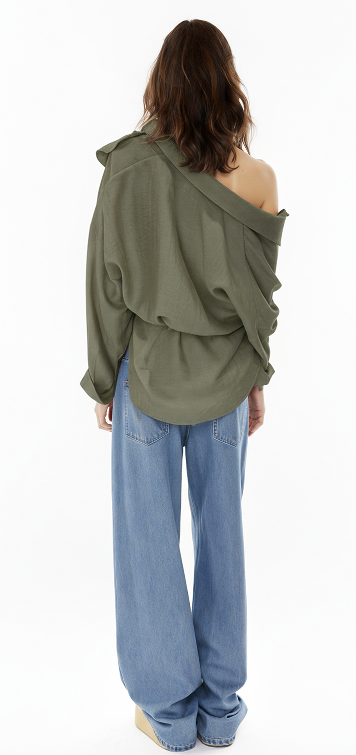 Off shoulder wrap button shirt - Olive green
