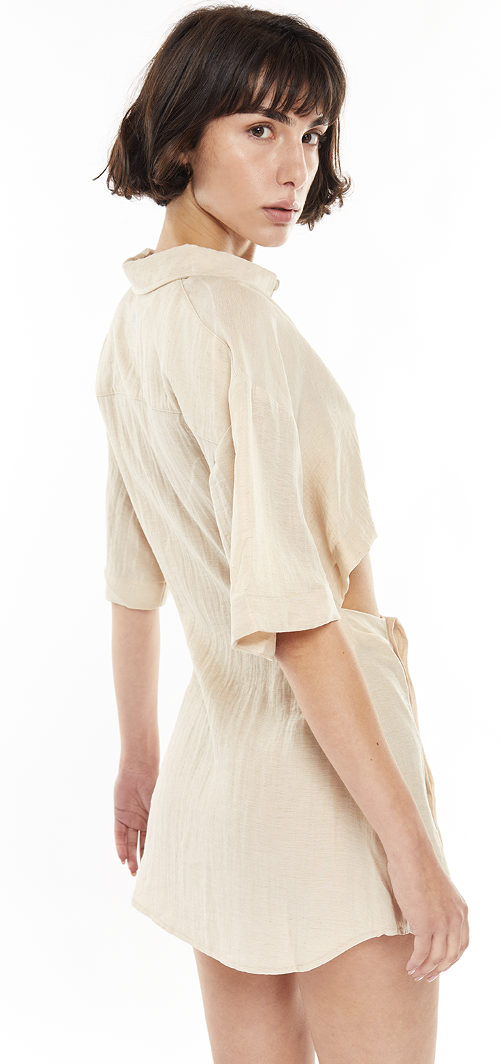 Linen crop button mini dress - Beige