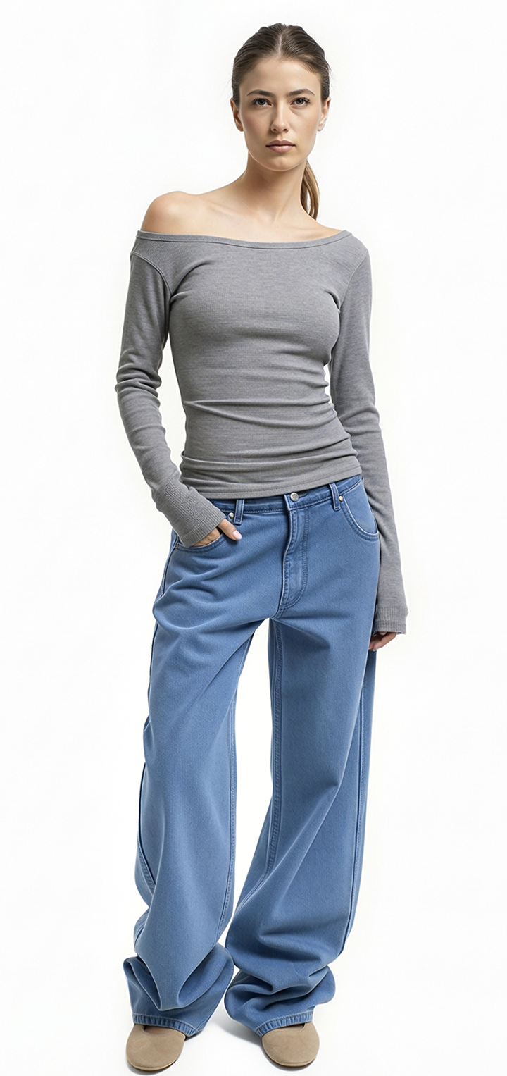 Light ribbed viscose long sleeved off shoulder t shirt - Gray