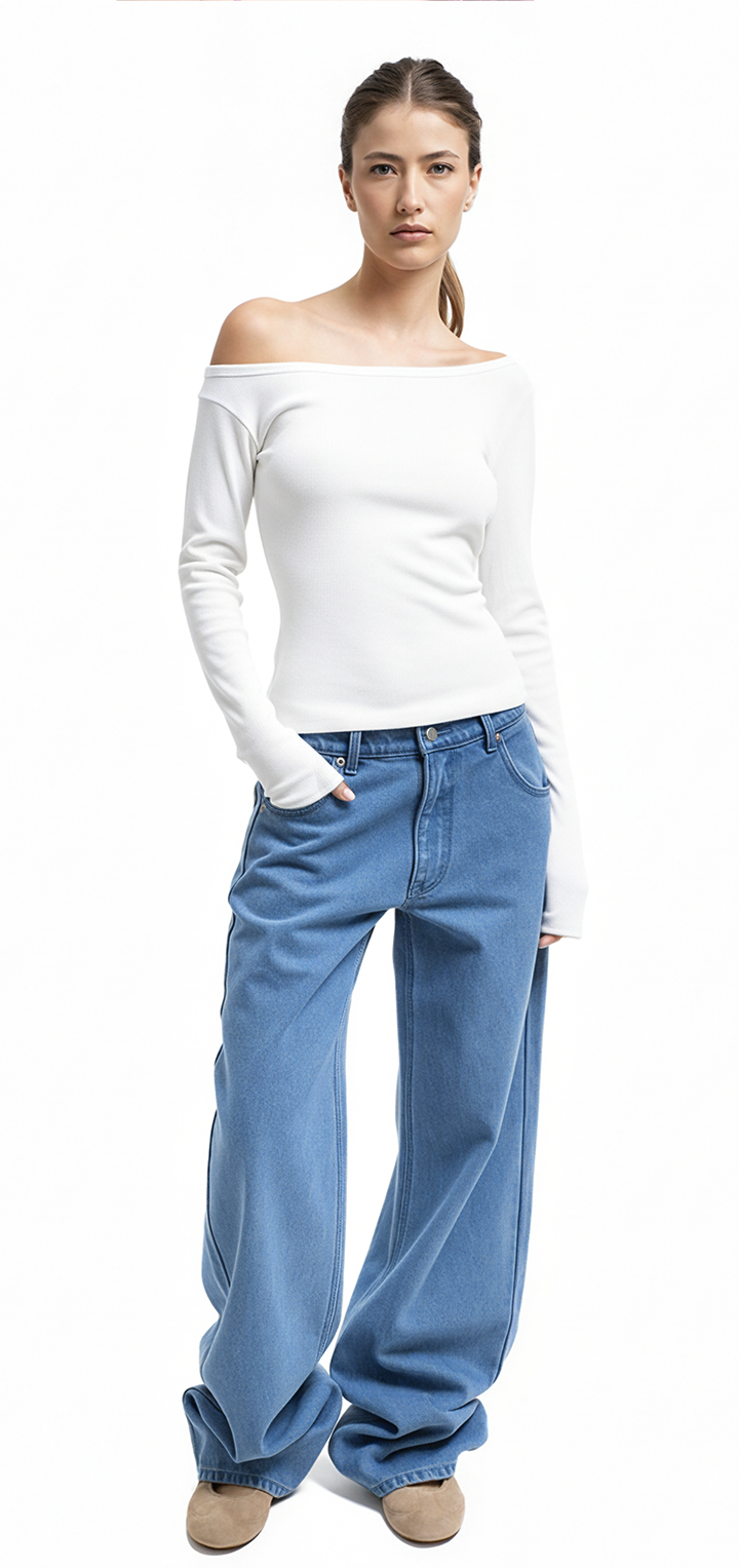 Light ribbed viscose long sleeved off shoulder t shirt - White