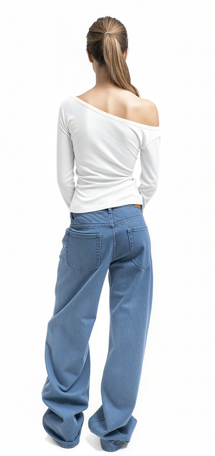 Light ribbed viscose long sleeved off shoulder t shirt - White