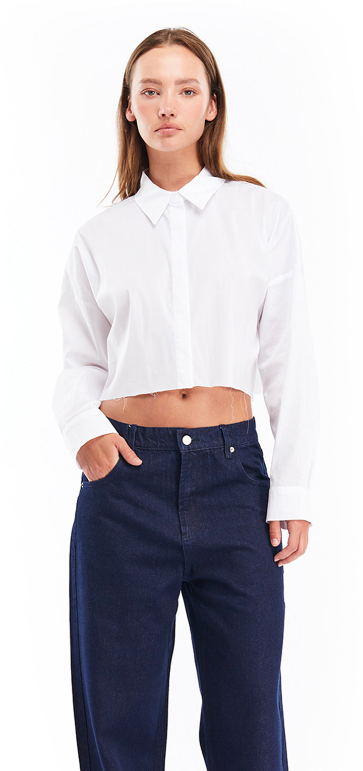 Yoko crop poplin button shirt- White