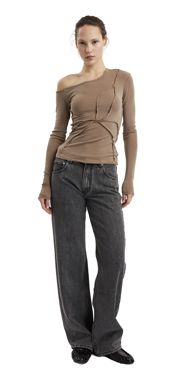 Papper long sleeved off shoulder tshirt - Brown