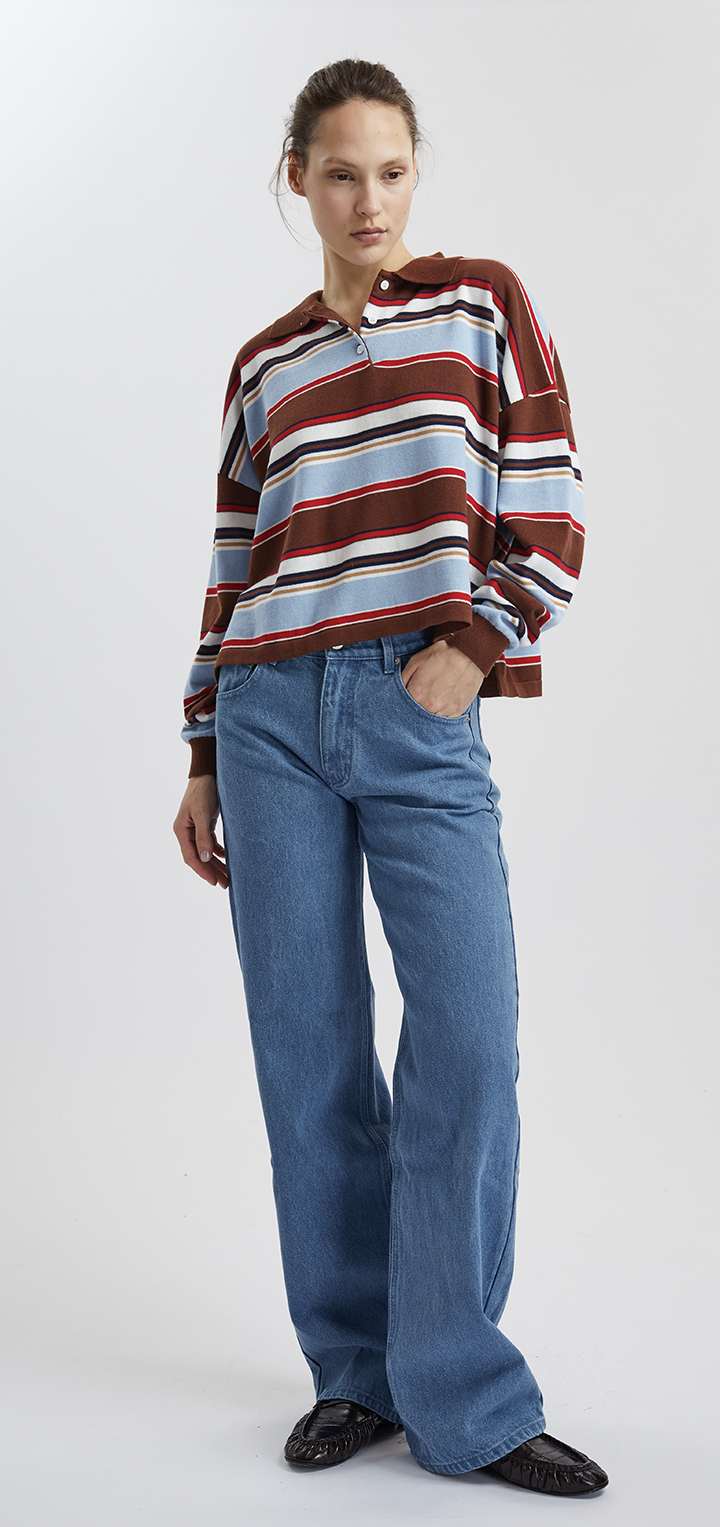 POLO LONG SLEEVED COTTON STRIPED SHIRT - Brown