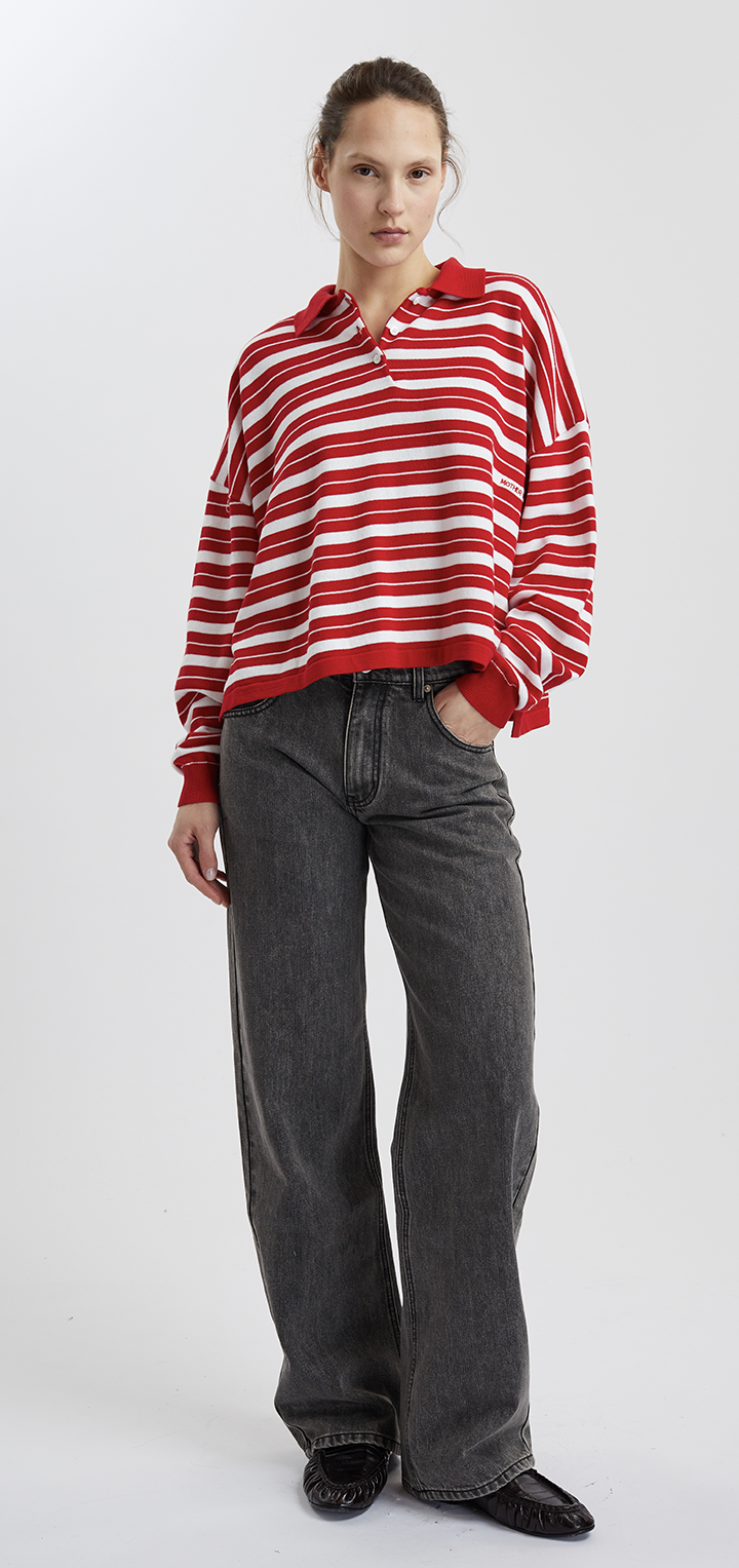 POLO LONG SLEEVED COTTON STRIPED SHIRT - Red