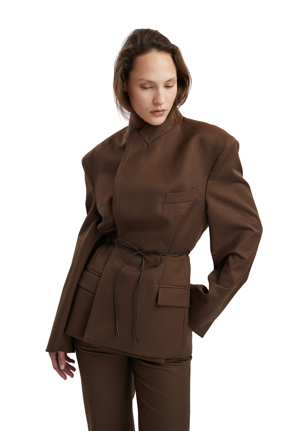 Tight waist blazer with leather belt- Wood