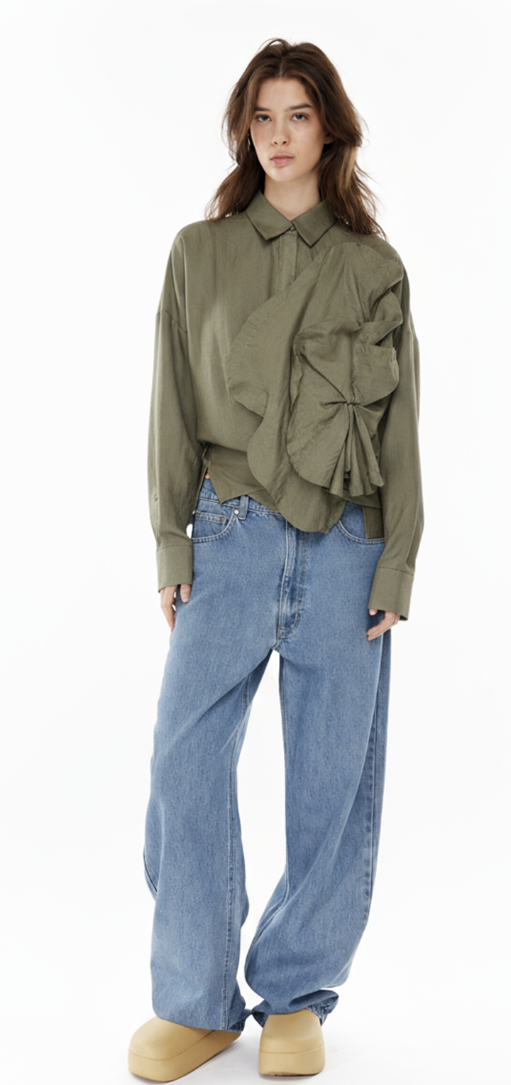 Off shoulder wrap button shirt - Olive green